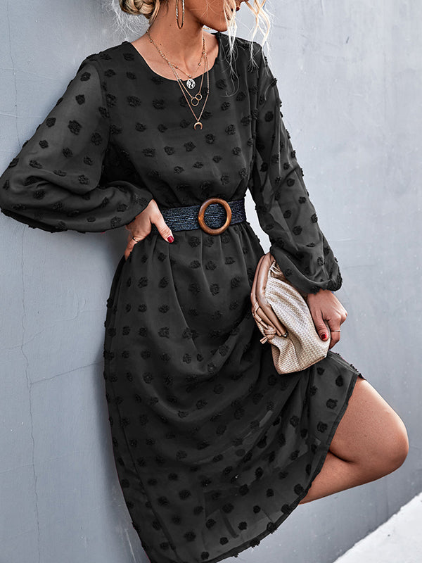 Elasticity Hollow Jacquard Solid Color High Waisted Long Sleeves Round-Neck Midi Dresses