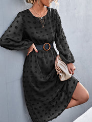 Elasticity Hollow Jacquard Solid Color High Waisted Long Sleeves Round-Neck Midi Dresses