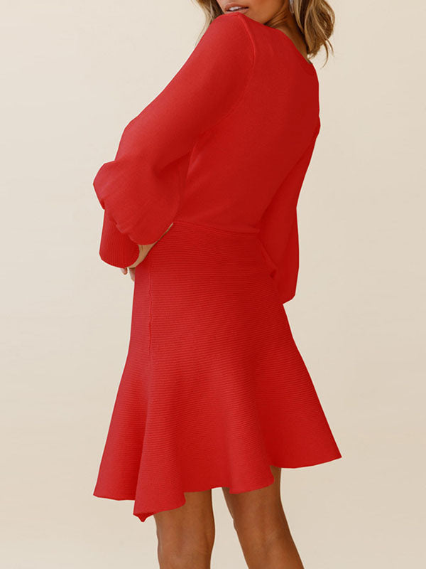 Solid Color Puff Sleeves Wrap Round-Neck Sweater Dress