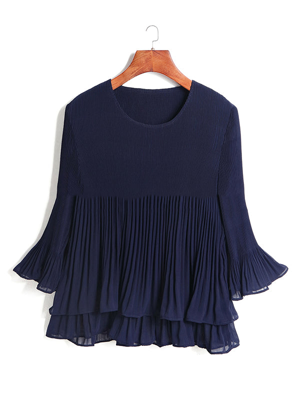 Original Loose Solid Color Pleated Falbala T-Shirt Top