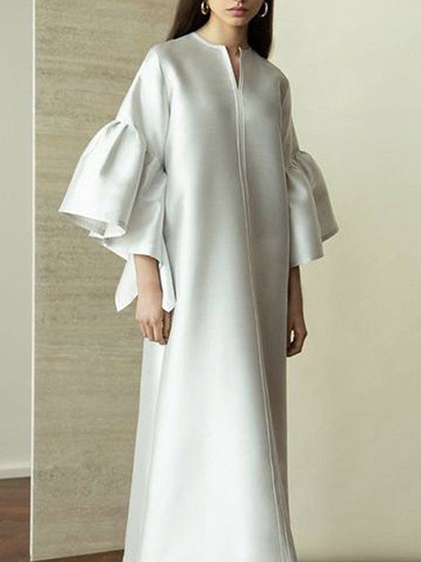 Falbala Solid Color Flared Sleeves Wrap Round-Neck Midi Dresses