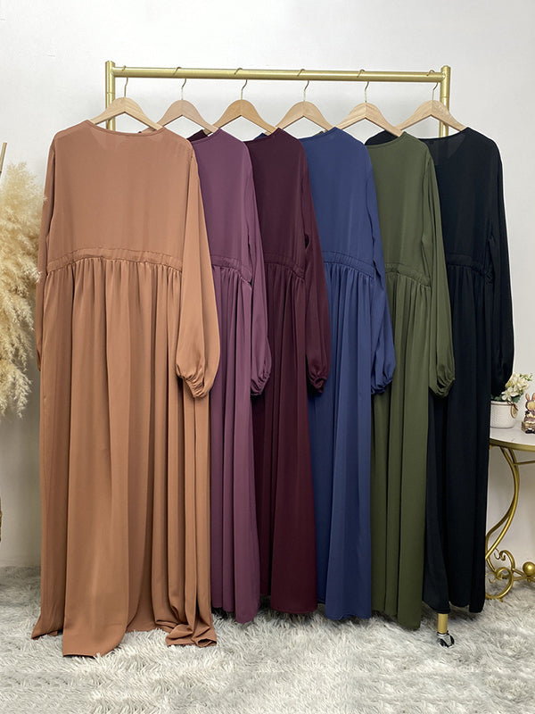 Drawstring Elasticity Muslim Pleated Solid Color Zipper Long Sleeves Loose Round-Neck Maxi Dresses