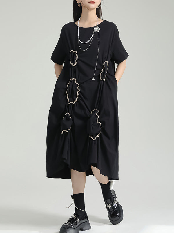 Pleated Pockets Split-Joint A-line High Waisted Round-neck Midi Dresses