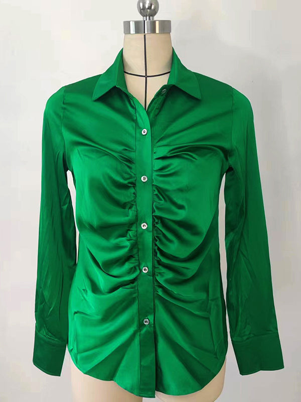 Pleated Solid Color Long Sleeves Lapel Blouses&shirts Tops