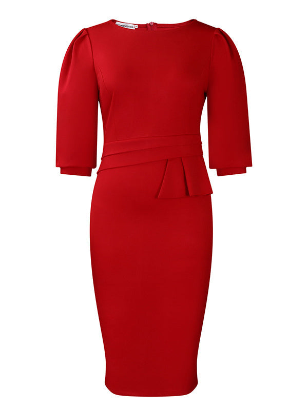 Pleated Solid Color Split-Back Split-Joint Zipper Bodycon Half Sleeves Round-Neck Midi Dresses