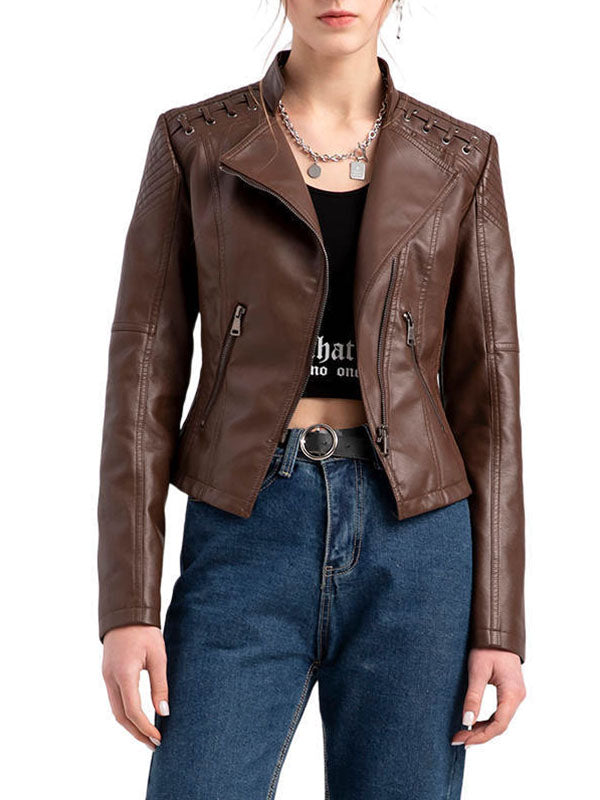 Split-Joint Zipper Long Sleeves Mock Neck Outerwear PU Jackets