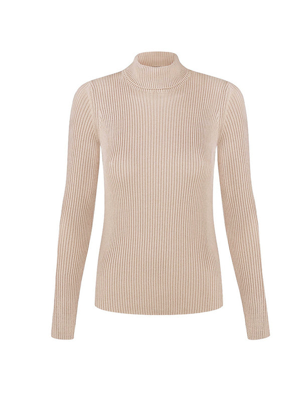Long Sleeves Skinny Solid Color High Neck Pullovers Sweater Sweater Tops