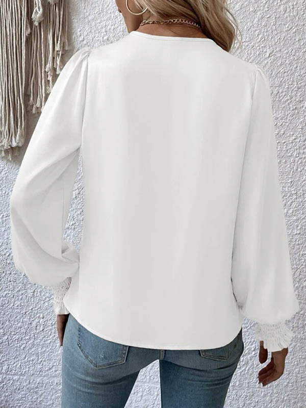Elasticity Solid Color Long Sleeves Loose V-Neck Blouses&Shirts Tops
