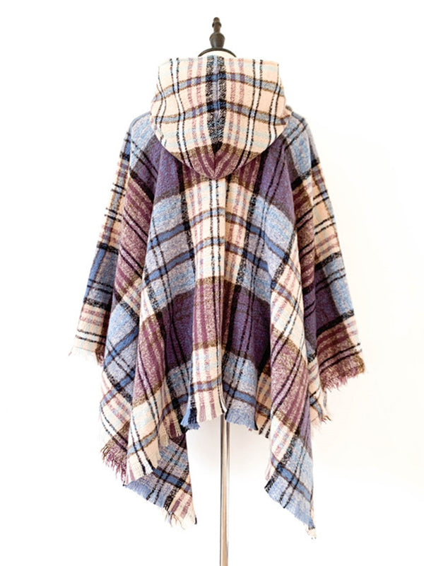 Fringed Hooded Keep Warm Plaid Shawl&Cloak Cape