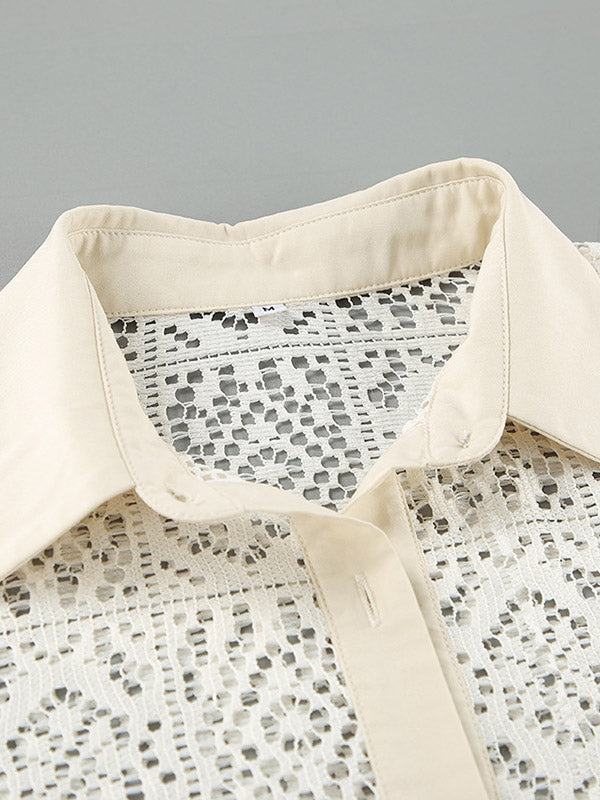 Buttoned Hollow See-Through Solid Color Sun Protection Long Sleeves Loose Lapel Collar Blouses&Shirts Tops