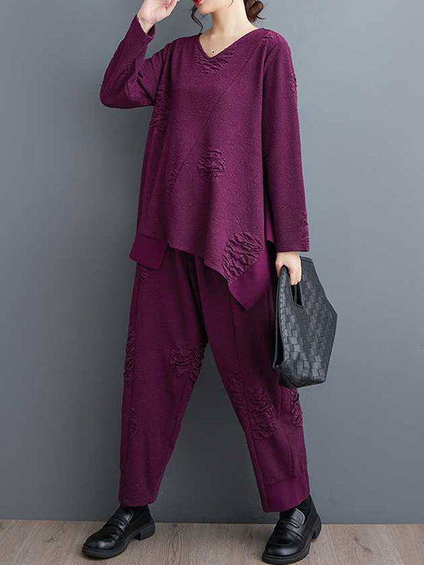 Split-Joint V-Neck Long Sleeves Asymmetric Solid Color T-Shirts Top + Harem Pants Elasticity Pants Bottom Two Pieces Set
