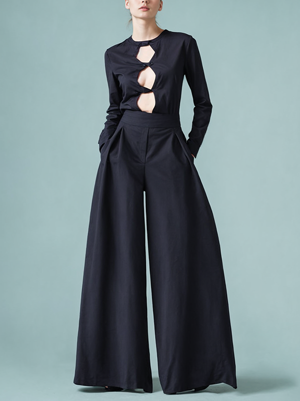 Hollow Solid Color Long Sleeves Skinny Round-Neck T-Shirts Tops