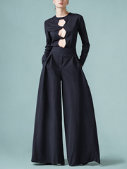 Hollow Solid Color Long Sleeves Skinny Round-Neck T-Shirts Tops