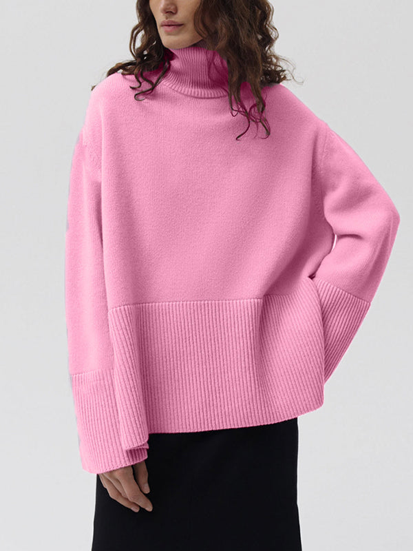 Pleated Solid Color Split-Side Long Sleeves Loose High Neck Sweater Tops