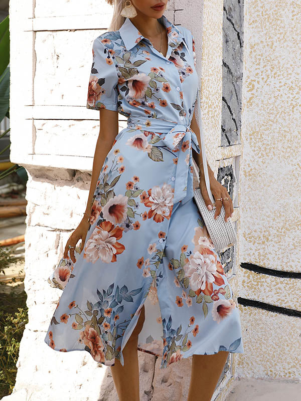 Buttoned Flower Print Tied Waist A-Line Loose Lapel Midi Dresses