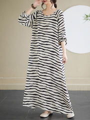 Contrast Color Elasticity Striped A-Line Long Sleeves Round-Neck Maxi Dresses