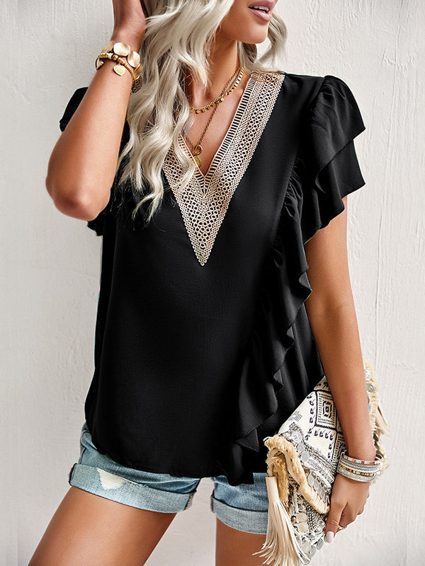 Asymmetric Split-Joint Ruffle Sleeves V-Neck Blouses&Shirts Tops