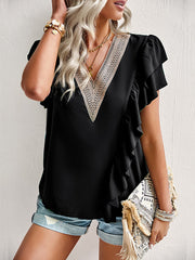 Asymmetric Split-Joint Ruffle Sleeves V-Neck Blouses&Shirts Tops