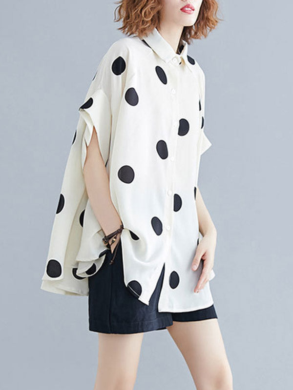 Buttoned Polka-Dot Batwing Sleeves Half Sleeves Lapel Blouses&Shirts Tops
