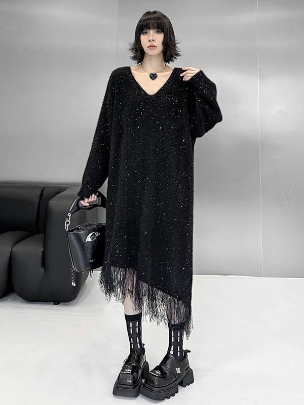 Contrast Color Sequined Shiny Split-Joint Tasseled Irregularity Long Sleeves V-Neck Sweater Dresses Midi Dresses
