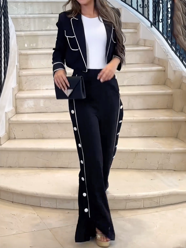 Long Sleeves Solid Color Lapel Blazer & Pants Two Pieces Set