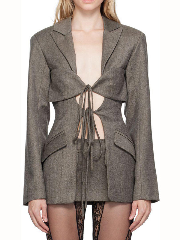 Pockets Solid Color Tied Long Sleeves Loose Notched Collar Outerwear Blazer