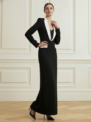 Long Sleeves Contrast Color Deep V-Neck Maxi Dresses