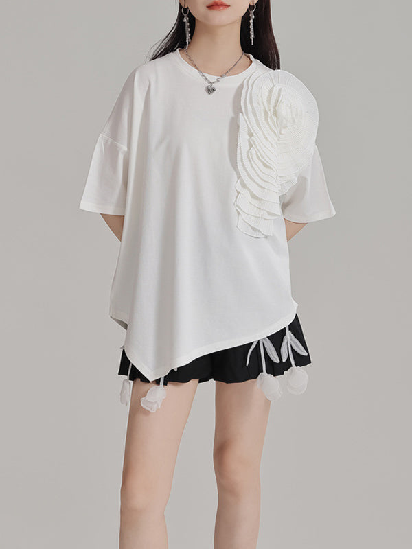 Asymmetric Solid Color Three-Dimensional Flower Loose Short Sleeves Round-Neck T-Shirts Tops