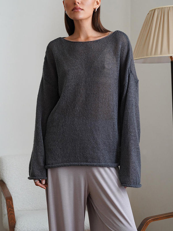 See-Through Solid Color Split-Joint Long Sleeves Loose Round-Neck Sweater Tops