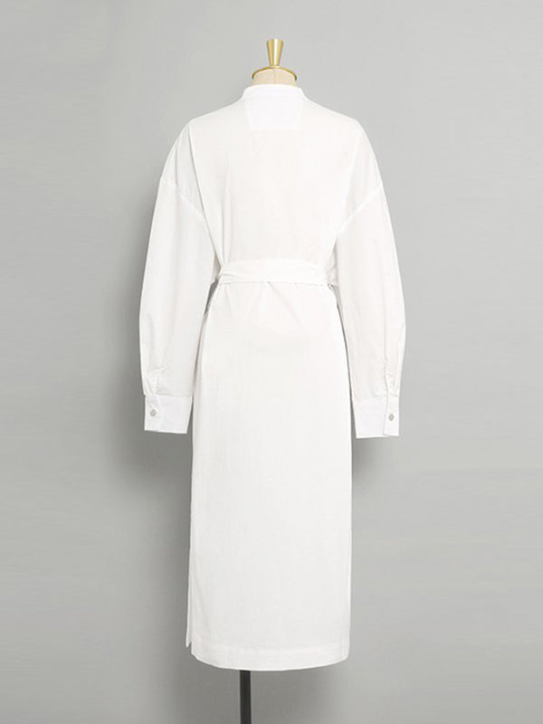 See-Through Split-Joint Split-Side Tied Waist Long Sleeves Loose V-Neck Shirt Dress Midi Dresses