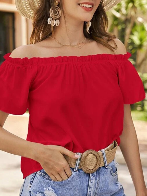 Elasticity Ruffle Trim Solid Color Loose Short Sleeves Off-The-Shoulder Blouses&Shirts Tops