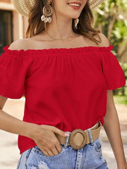 Elasticity Ruffle Trim Solid Color Loose Short Sleeves Off-The-Shoulder Blouses&Shirts Tops