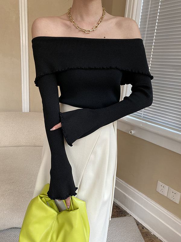 Falbala Solid Color Long Sleeves Skinny Off-the-shoulder Sweater Tops