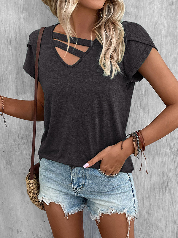 Solid Color Loose Short Sleeves V-neck T-Shirts Tops