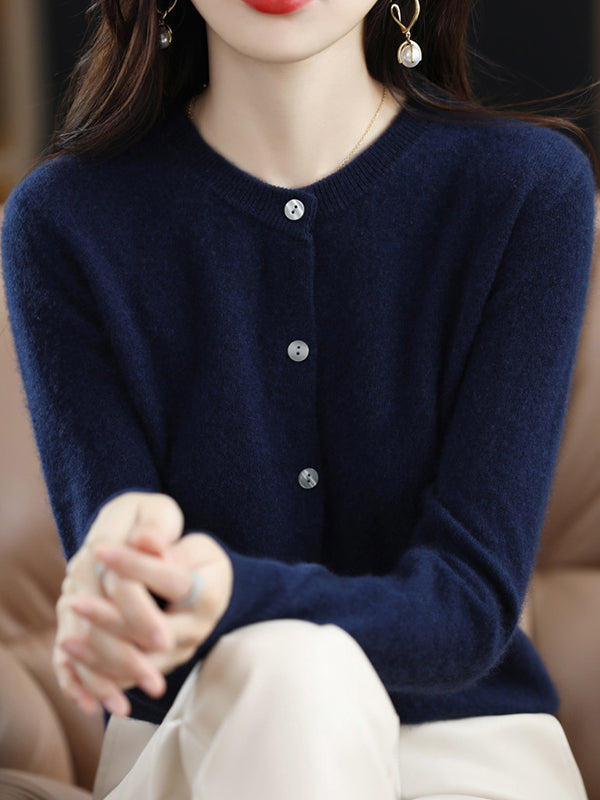 Buttoned Elasticity Long Sleeves Round-Neck Knitwear Cardigan Tops