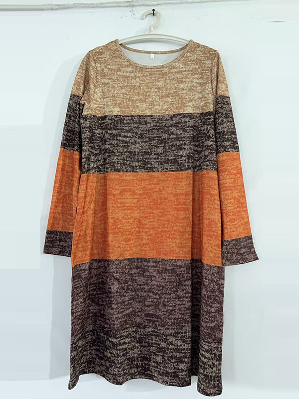 Contrast Color Printed Split-Joint Long Sleeves Loose Round-Neck Midi Dresses