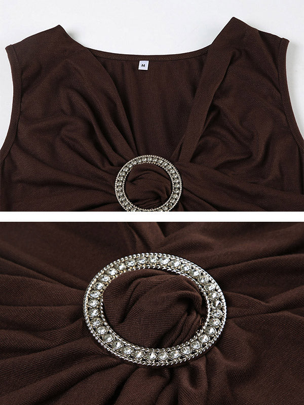 Pleated Solid Color Sleeveless V-Neck Vest Top