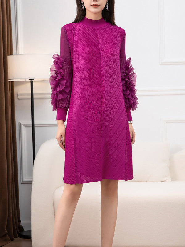 Embroidered Pleated Solid Color Long Sleeves Loose Round-neck Midi Dresses