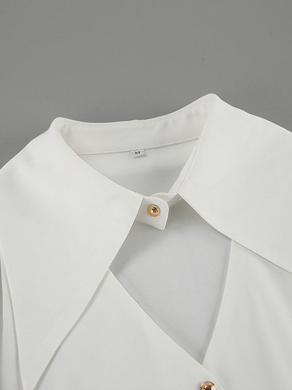 Buttoned Hollow Pleated Split-Joint Flared Sleeves Long Sleeves Lapel Blouses&Shirts Tops