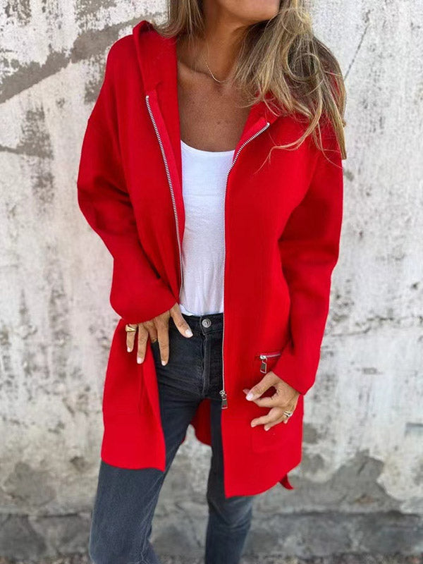 Pockets Solid Color Split-Joint Zipper Hooded Long Sleeves Outerwear