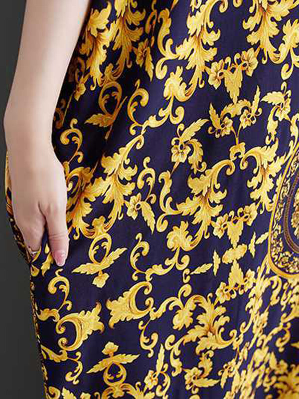 Printed A-Line Batwing Sleeves V-Neck Maxi Dresses