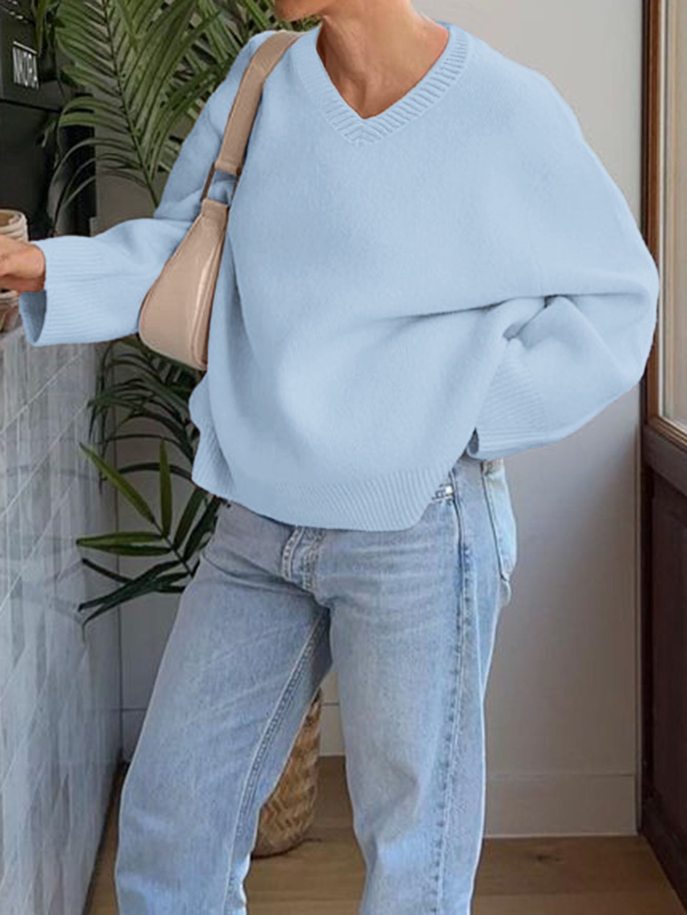 Ribs Solid Color Long Sleeves Loose V-Neck Sweater Tops
