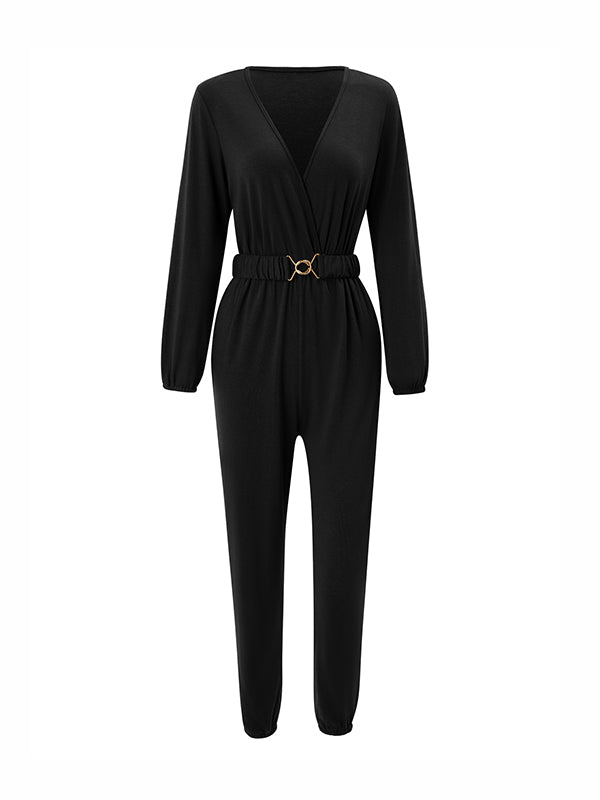Belted Elasticity Long Sleeves V-neck Jumpsuits
