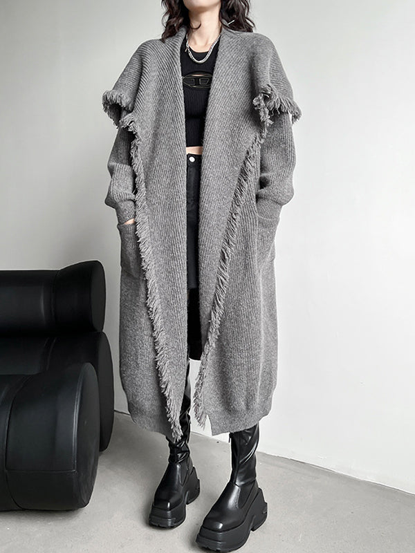 Fringed Pockets Solid Color Long Sleeves Loose V-Neck Cardigan Coats