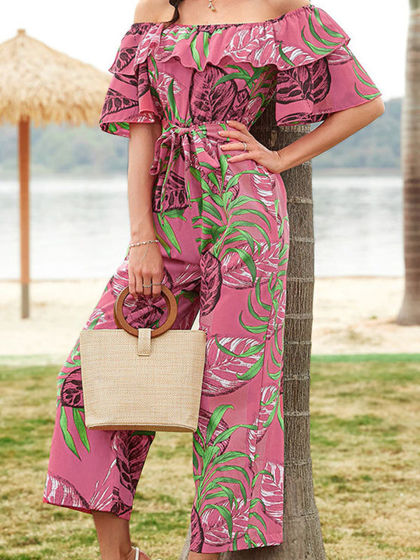 Elasticity Leaves Print Ruffled Tied Waist Half Sleeves Loose Off-The-Shoulder Jumpsuits