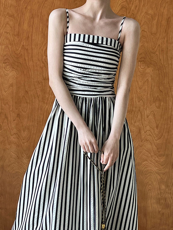 Pleated Split-Joint Striped Loose Sleeveless Spaghetti-Neck Midi Dresses