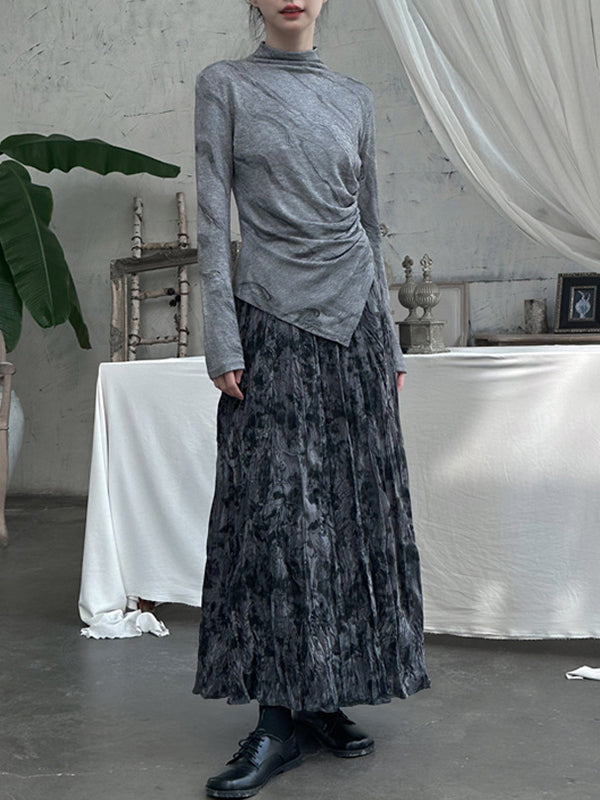 Elastics Pleated Printed High Waisted Loose Skirts