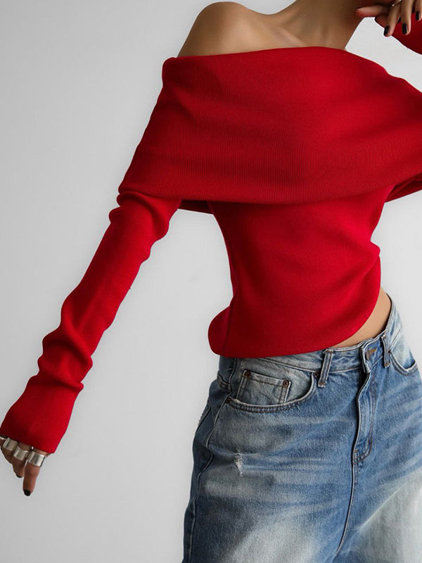 Solid Color Long Sleeves Loose Off-The-Shoulder Sweater Tops Pullovers