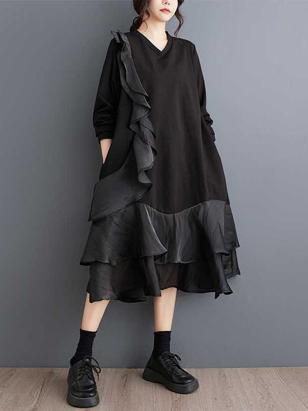 Contrast Color Pockets Ruffle Trim Split-Joint A-Line Long Sleeves V-Neck Midi Dresses