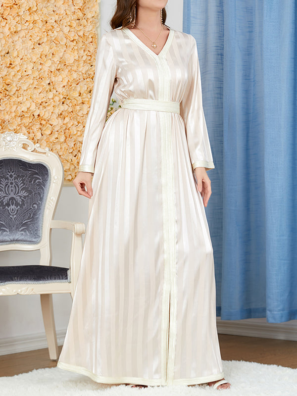 Split-Front Split-Joint Striped Tied Waist A-Line Long Sleeves Maxi Dresses